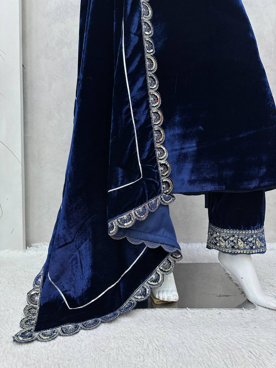 Latest Blue Color Velvet Sequence Work Ready Made Salwar Suit
