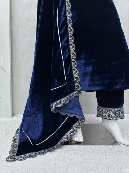 Latest Blue Color Velvet Sequence Work Ready Made Salwar Suit