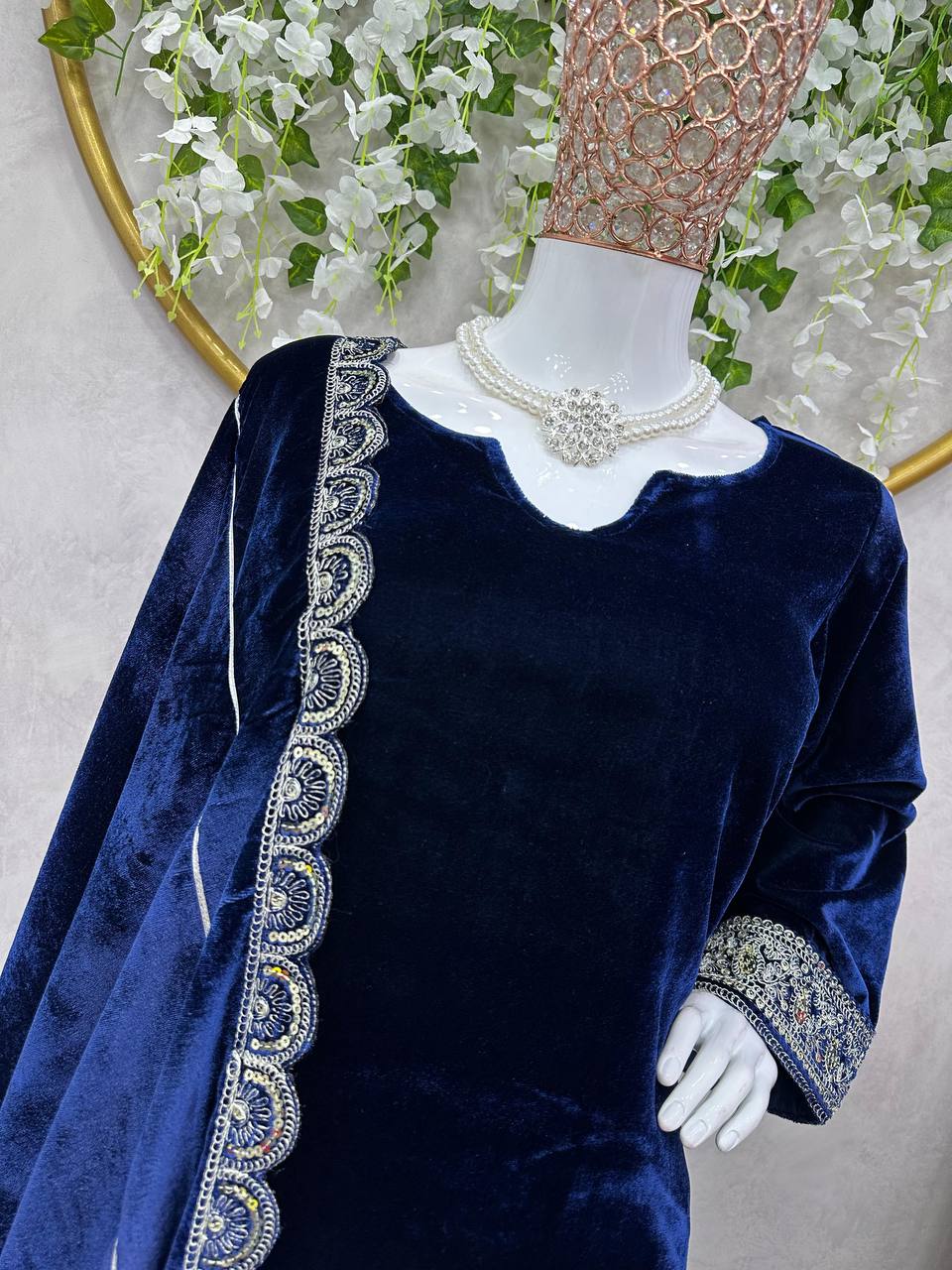 Latest Blue Color Velvet Sequence Work Ready Made Salwar Suit