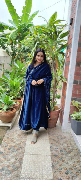 Latest Blue Color Velvet Sequence Work Ready Made Salwar Suit
