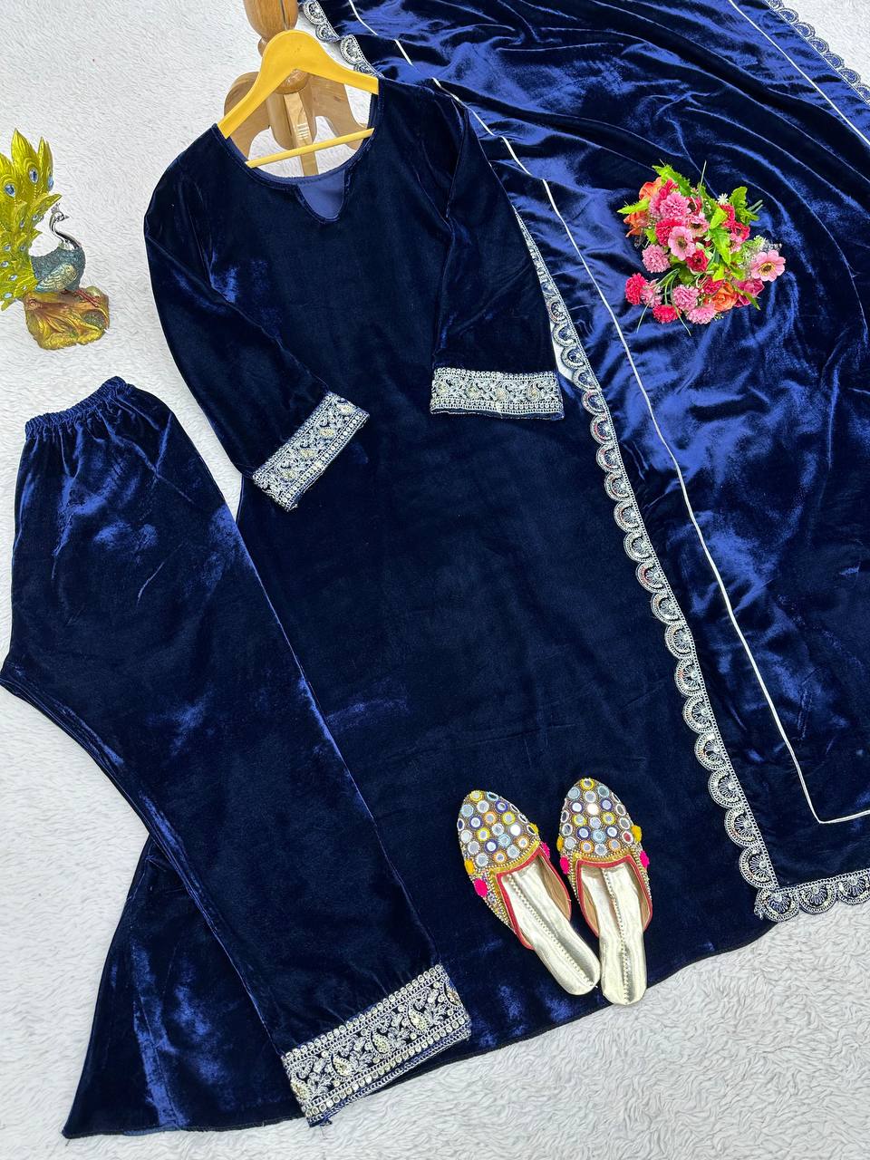 Latest Blue Color Velvet Sequence Work Ready Made Salwar Suit