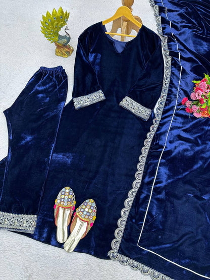 Latest Blue Color Velvet Sequence Work Ready Made Salwar Suit