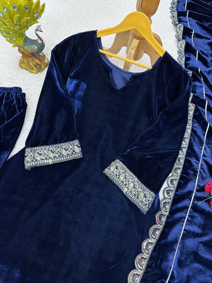 Latest Blue Color Velvet Sequence Work Ready Made Salwar Suit