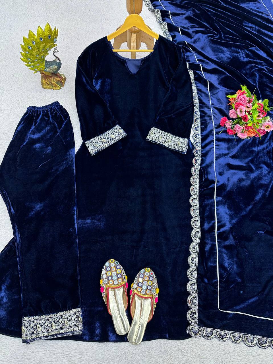 Latest Blue Color Velvet Sequence Work Ready Made Salwar Suit