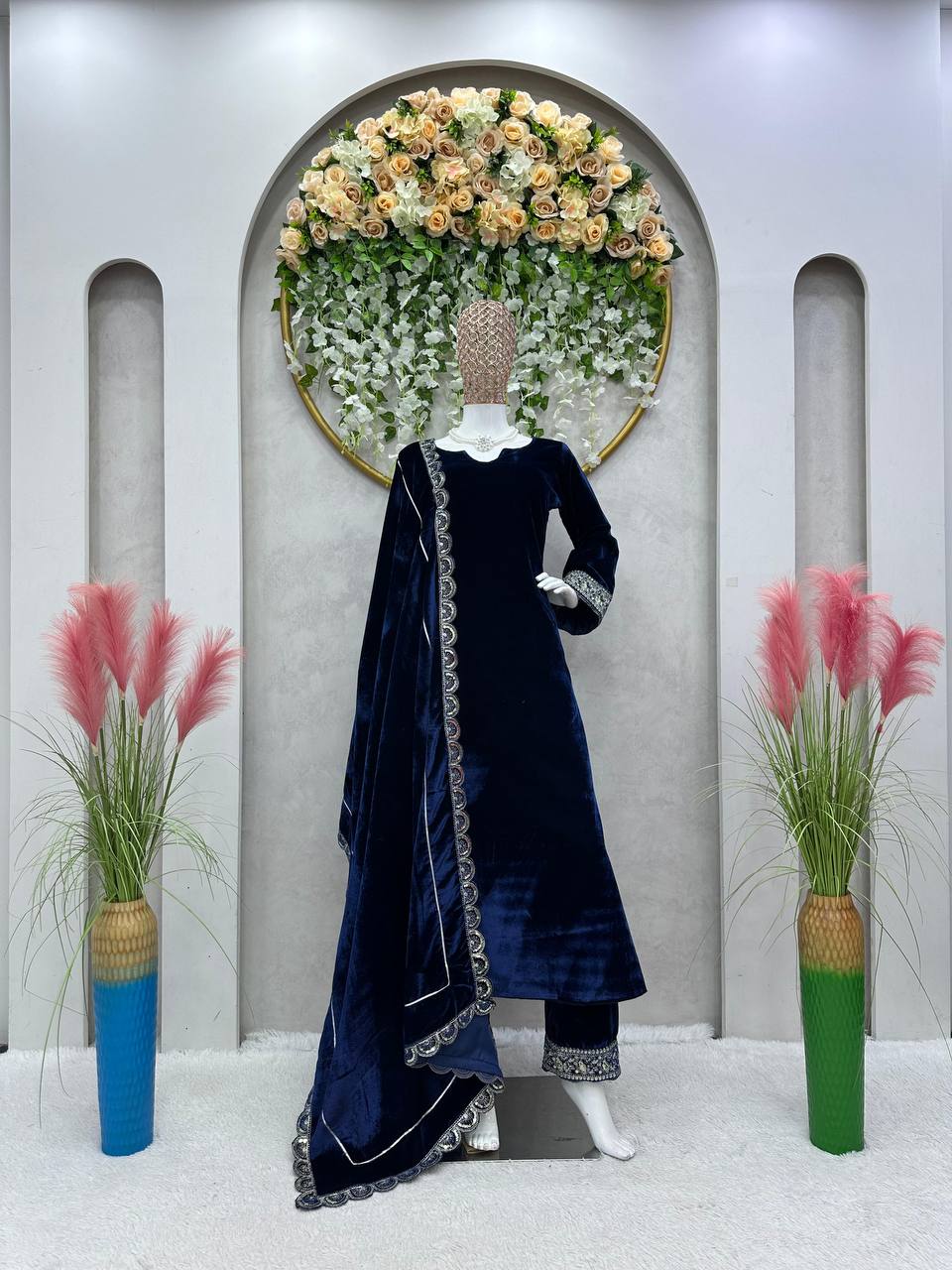 Latest Blue Color Velvet Sequence Work Ready Made Salwar Suit