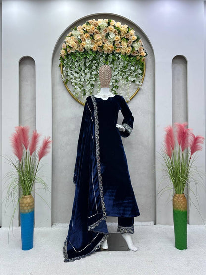 Latest Blue Color Velvet Sequence Work Ready Made Salwar Suit