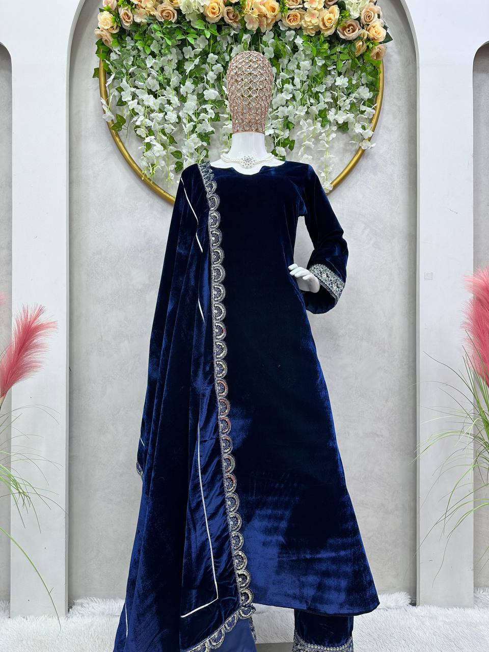 Latest Blue Color Velvet Sequence Work Ready Made Salwar Suit