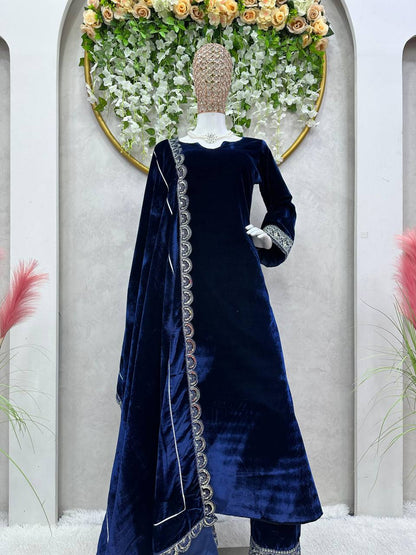 Latest Blue Color Velvet Sequence Work Ready Made Salwar Suit