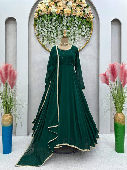 Beautiful Green Color Georgette Diamond Work Ready Made Gown Dupatta