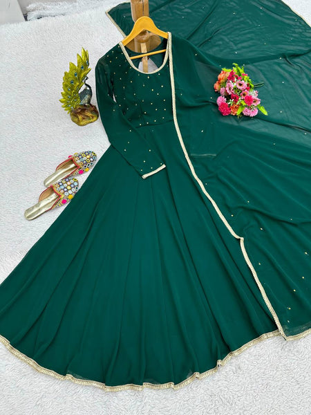 Beautiful Green Color Georgette Diamond Work Ready Made Gown Dupatta