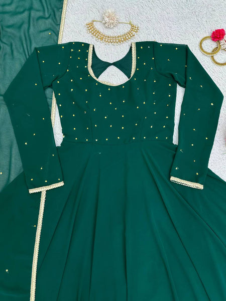 Beautiful Green Color Georgette Diamond Work Ready Made Gown Dupatta