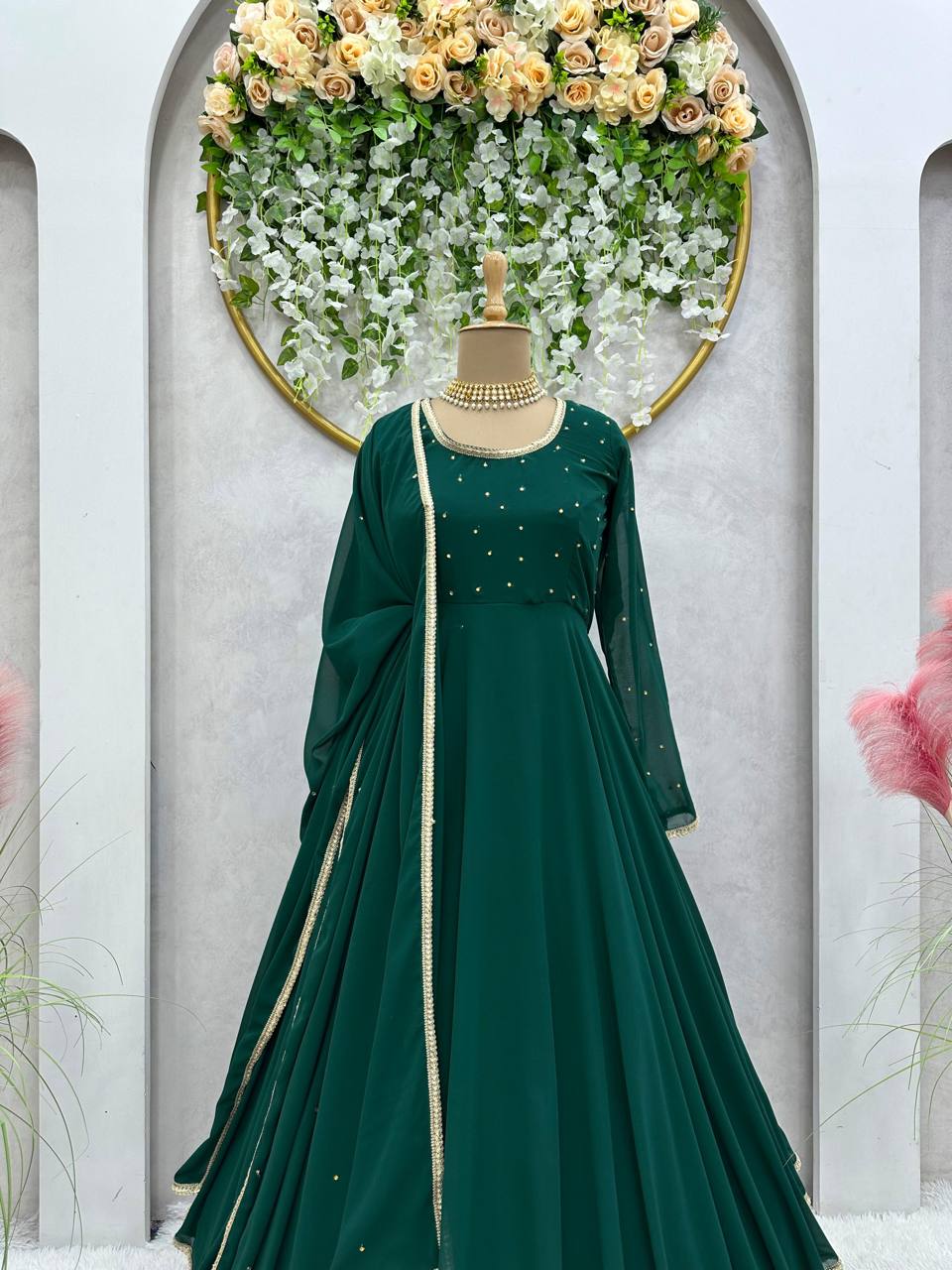 Beautiful Green Color Georgette Diamond Work Ready Made Gown Dupatta