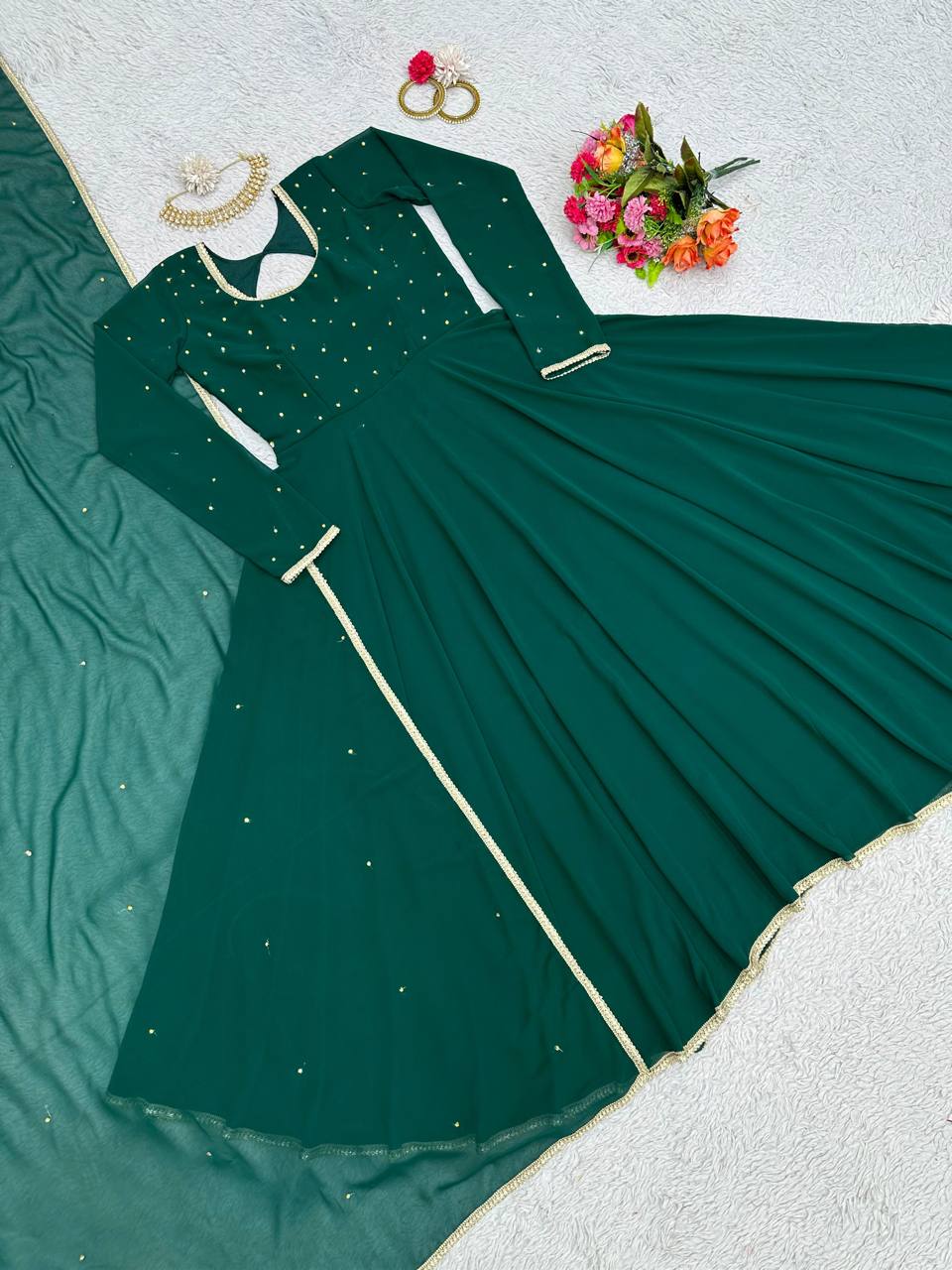 Beautiful Green Color Georgette Diamond Work Ready Made Gown Dupatta