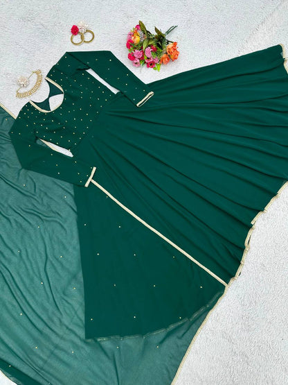 Beautiful Green Color Georgette Diamond Work Ready Made Gown Dupatta