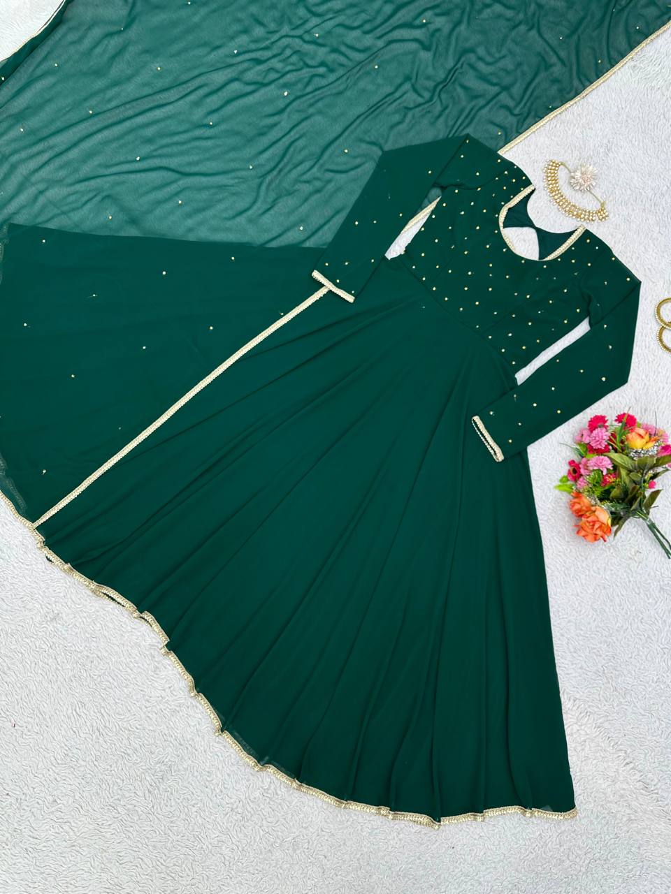 Beautiful Green Color Georgette Diamond Work Ready Made Gown Dupatta