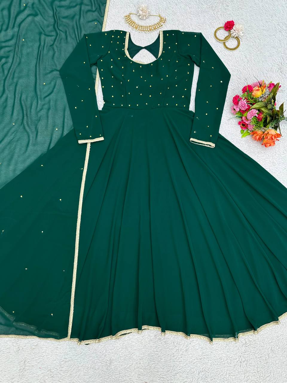 Beautiful Green Color Georgette Diamond Work Ready Made Gown Dupatta