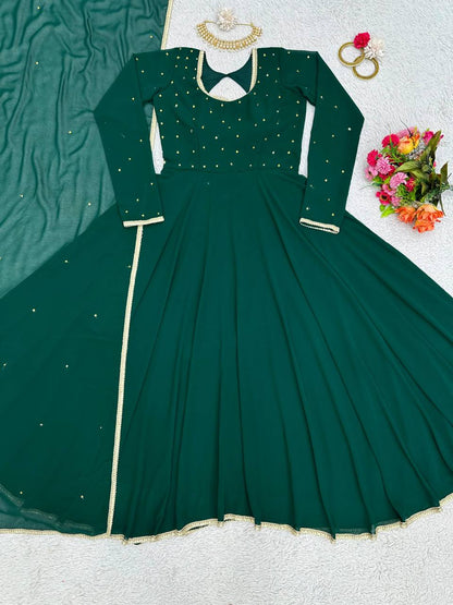 Beautiful Green Color Georgette Diamond Work Ready Made Gown Dupatta