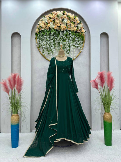 Beautiful Green Color Georgette Diamond Work Ready Made Gown Dupatta