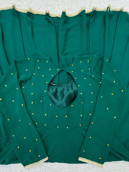 Beautiful Green Color Georgette Diamond Work Ready Made Gown Dupatta