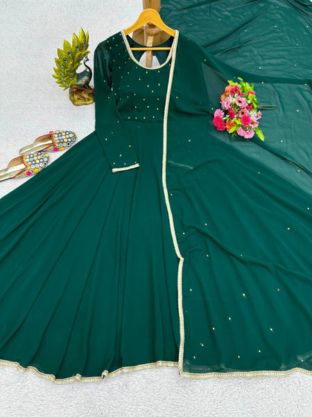 Beautiful Green Color Georgette Diamond Work Ready Made Gown Dupatta