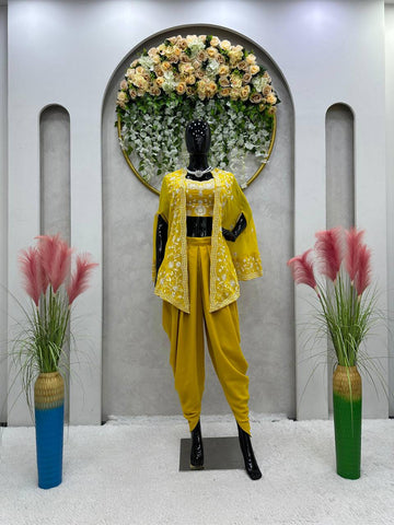 Mustard Color Wedding Wear Sequence Work Georgette Indo Western Suit