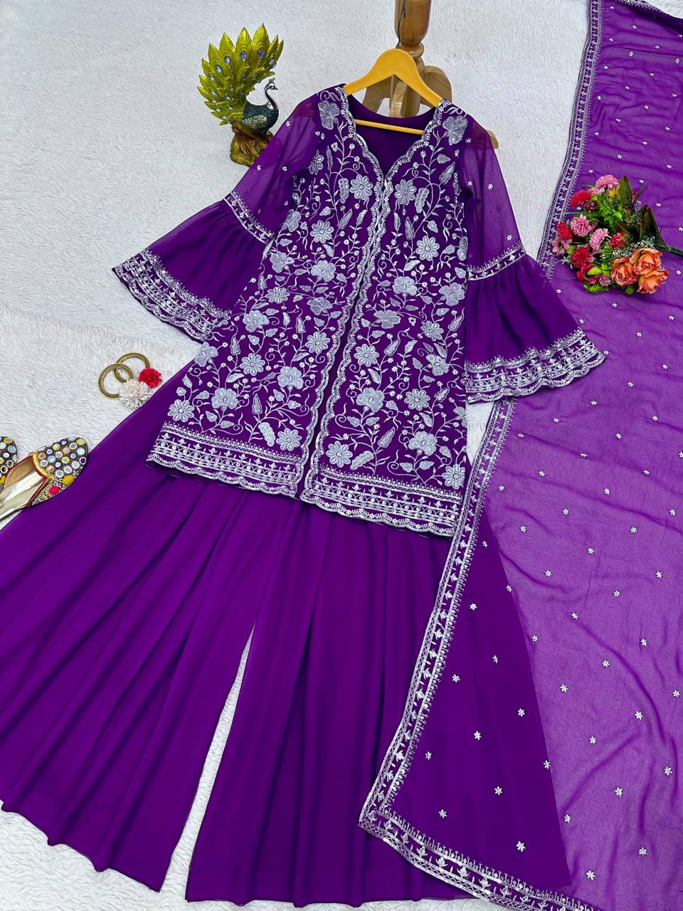 Violet Color Ready Made Party Wear Georgette Sequence Thread Work Salwar Suit