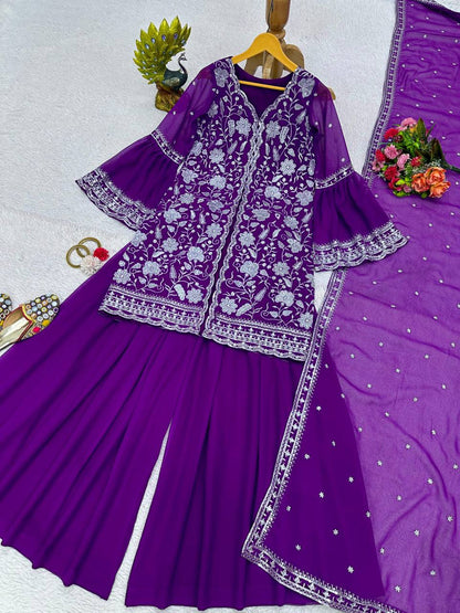 Violet Color Ready Made Party Wear Georgette Sequence Thread Work Salwar Suit