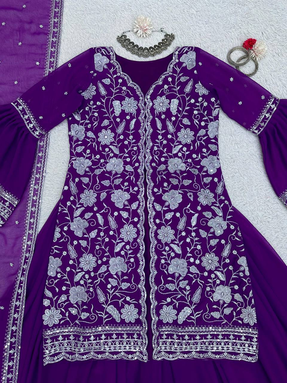 Violet Color Ready Made Party Wear Georgette Sequence Thread Work Salwar Suit