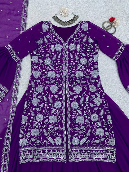 Violet Color Ready Made Party Wear Georgette Sequence Thread Work Salwar Suit