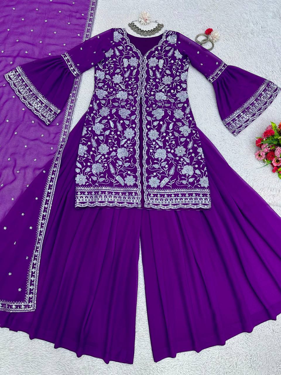 Violet Color Ready Made Party Wear Georgette Sequence Thread Work Salwar Suit