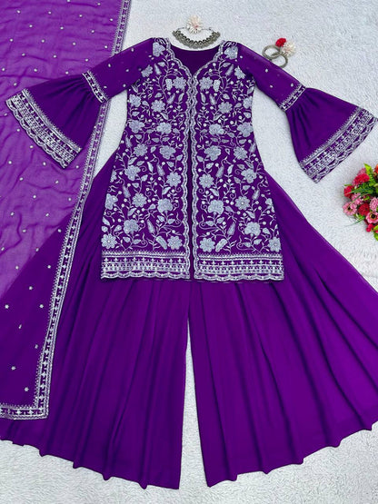 Violet Color Ready Made Party Wear Georgette Sequence Thread Work Salwar Suit