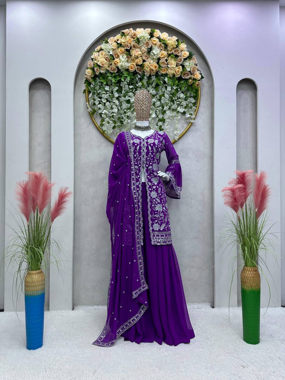 Violet Color Ready Made Party Wear Georgette Sequence Thread Work Salwar Suit