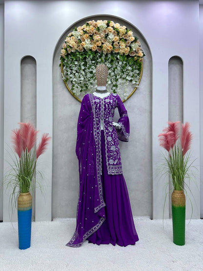 Violet Color Ready Made Party Wear Georgette Sequence Thread Work Salwar Suit