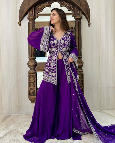 Violet Color Ready Made Party Wear Georgette Sequence Thread Work Salwar Suit