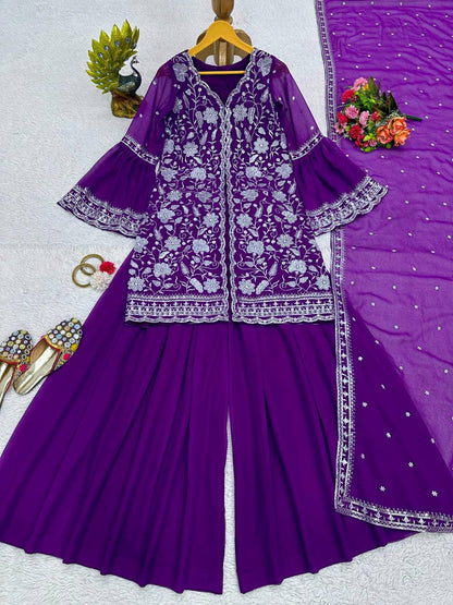 Violet Color Ready Made Party Wear Georgette Sequence Thread Work Salwar Suit