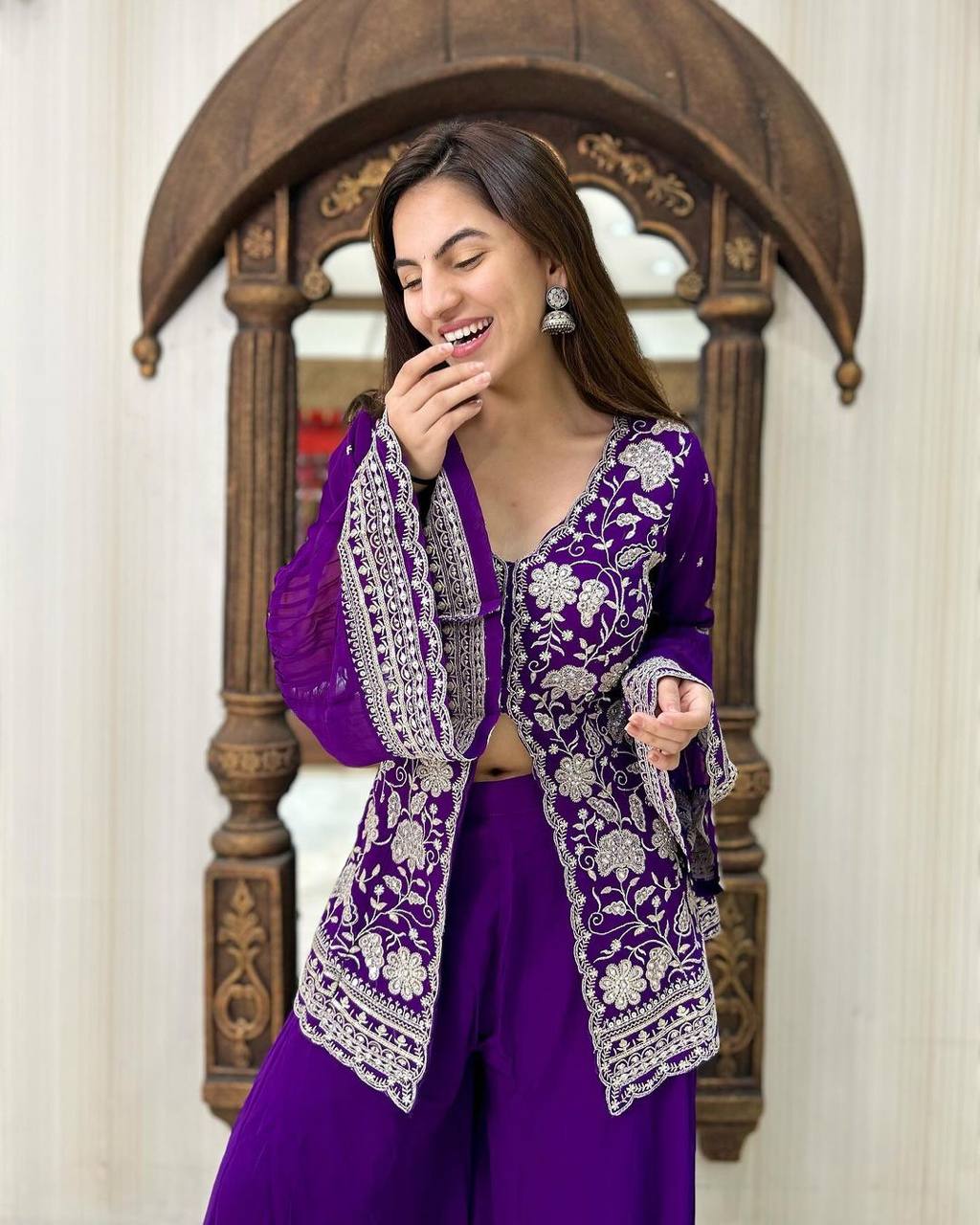 Violet Color Ready Made Party Wear Georgette Sequence Thread Work Salwar Suit