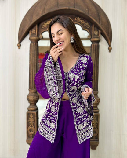 Violet Color Ready Made Party Wear Georgette Sequence Thread Work Salwar Suit