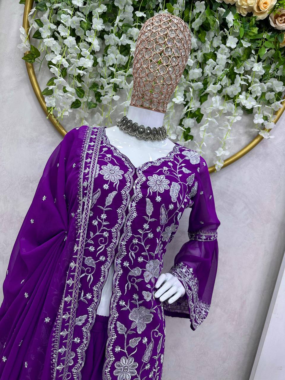 Violet Color Ready Made Party Wear Georgette Sequence Thread Work Salwar Suit