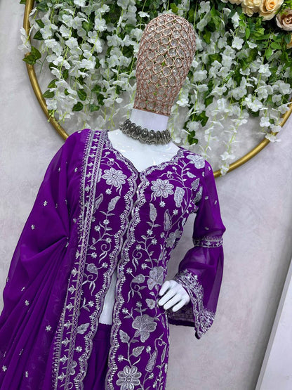 Violet Color Ready Made Party Wear Georgette Sequence Thread Work Salwar Suit