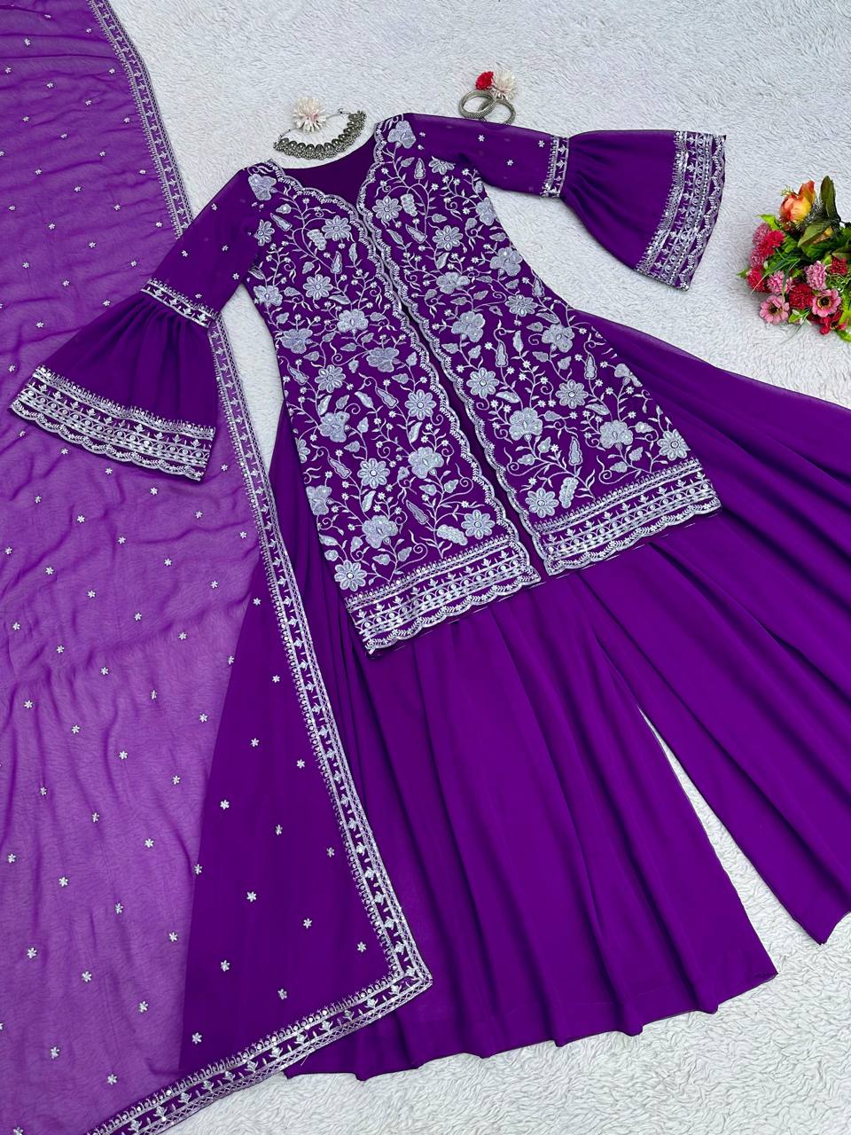 Violet Color Ready Made Party Wear Georgette Sequence Thread Work Salwar Suit