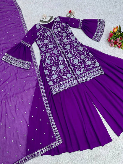 Violet Color Ready Made Party Wear Georgette Sequence Thread Work Salwar Suit