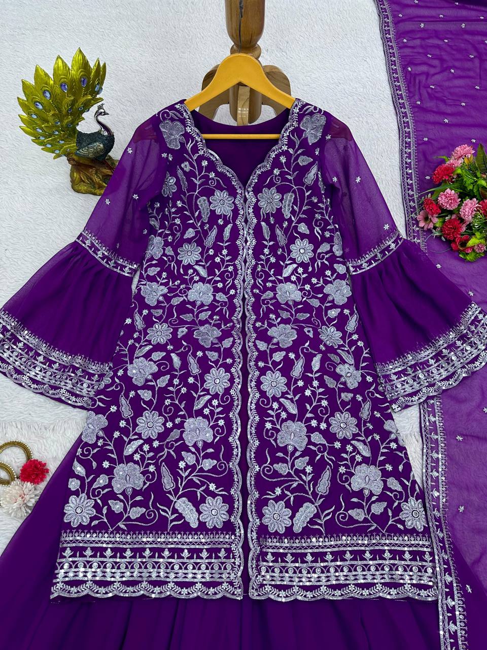 Violet Color Ready Made Party Wear Georgette Sequence Thread Work Salwar Suit