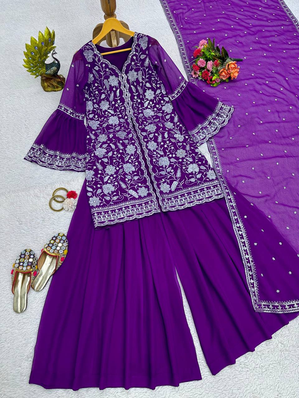 Violet Color Ready Made Party Wear Georgette Sequence Thread Work Salwar Suit