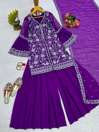 Violet Color Ready Made Party Wear Georgette Sequence Thread Work Salwar Suit