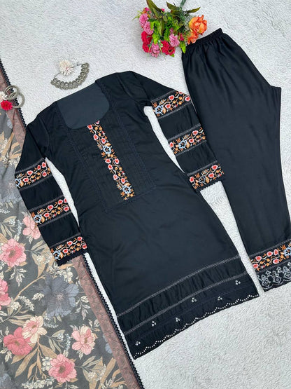 Graceful Black Color Maslin Sequence Thread Work Ready Made Salwar Suit