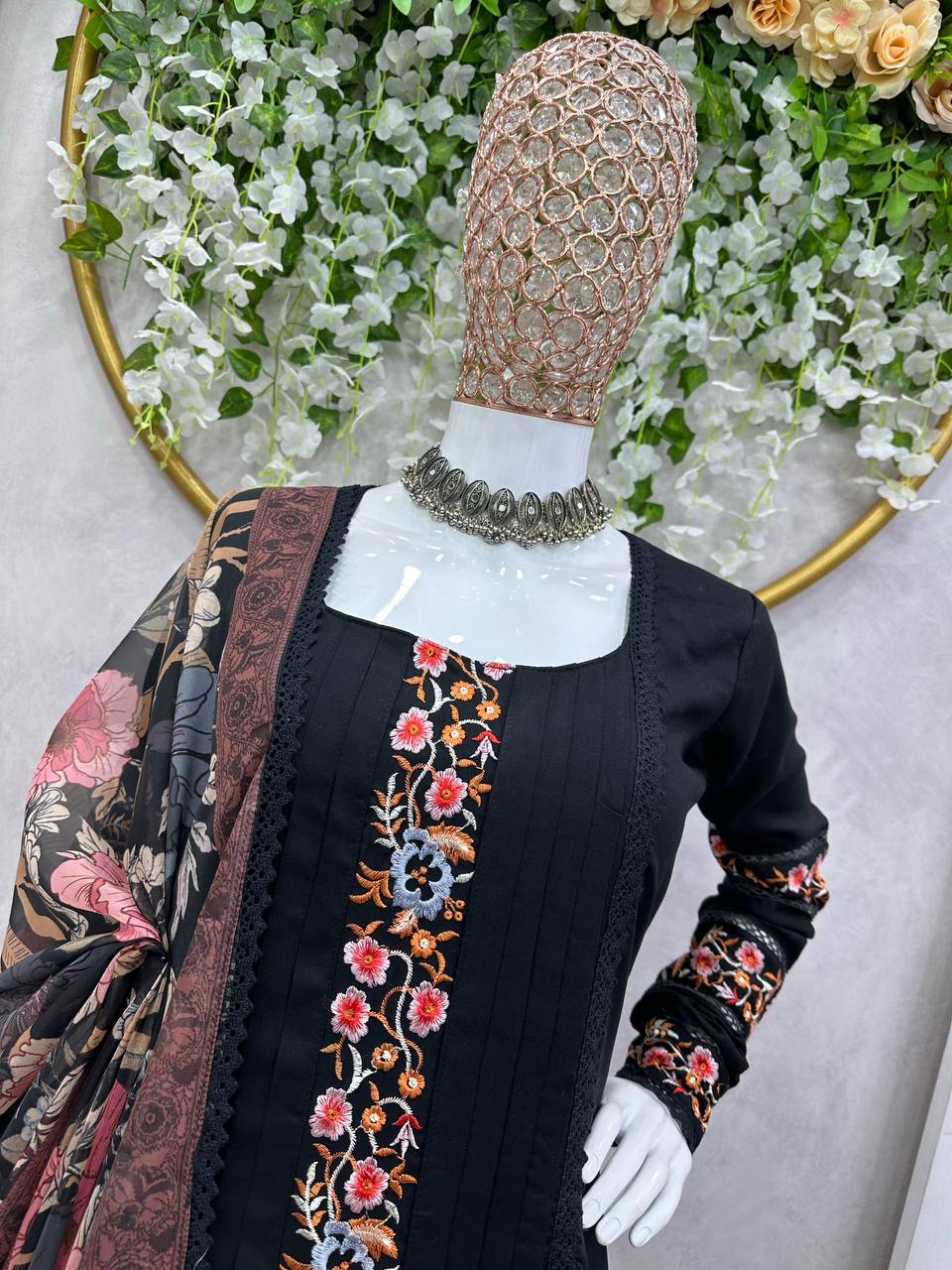 Graceful Black Color Maslin Sequence Thread Work Ready Made Salwar Suit