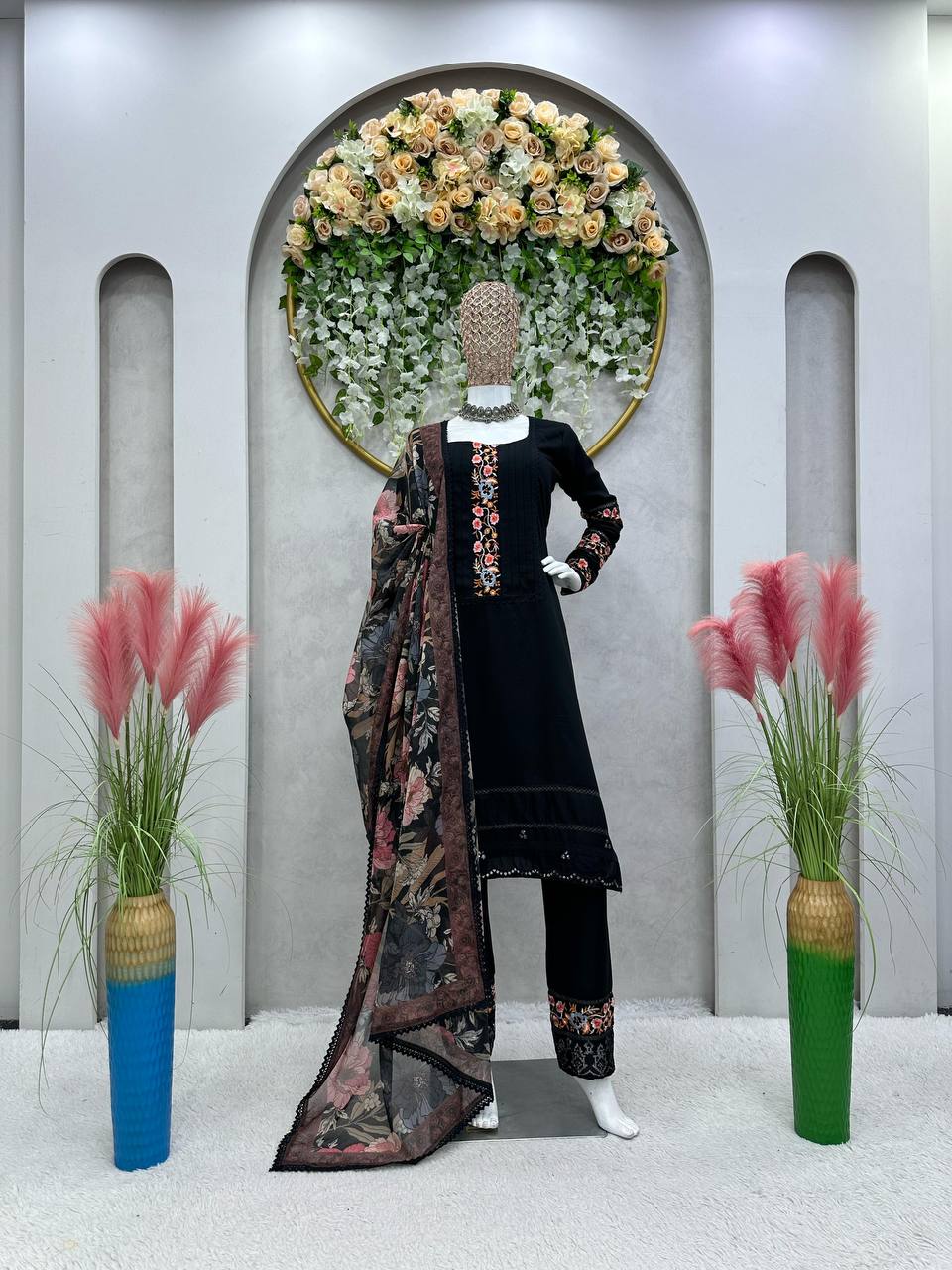 Graceful Black Color Maslin Sequence Thread Work Ready Made Salwar Suit
