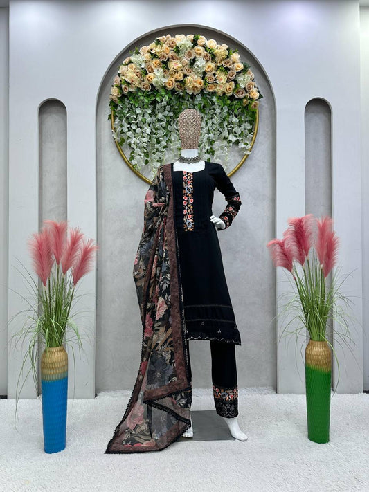 Graceful Black Color Maslin Sequence Thread Work Ready Made Salwar Suit