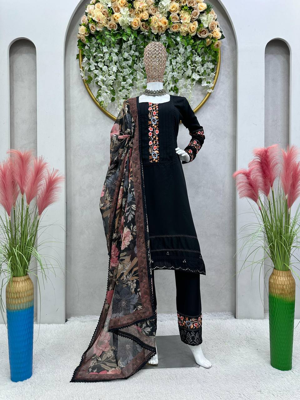 Graceful Black Color Maslin Sequence Thread Work Ready Made Salwar Suit