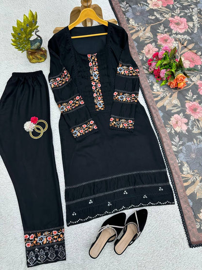 Graceful Black Color Maslin Sequence Thread Work Ready Made Salwar Suit